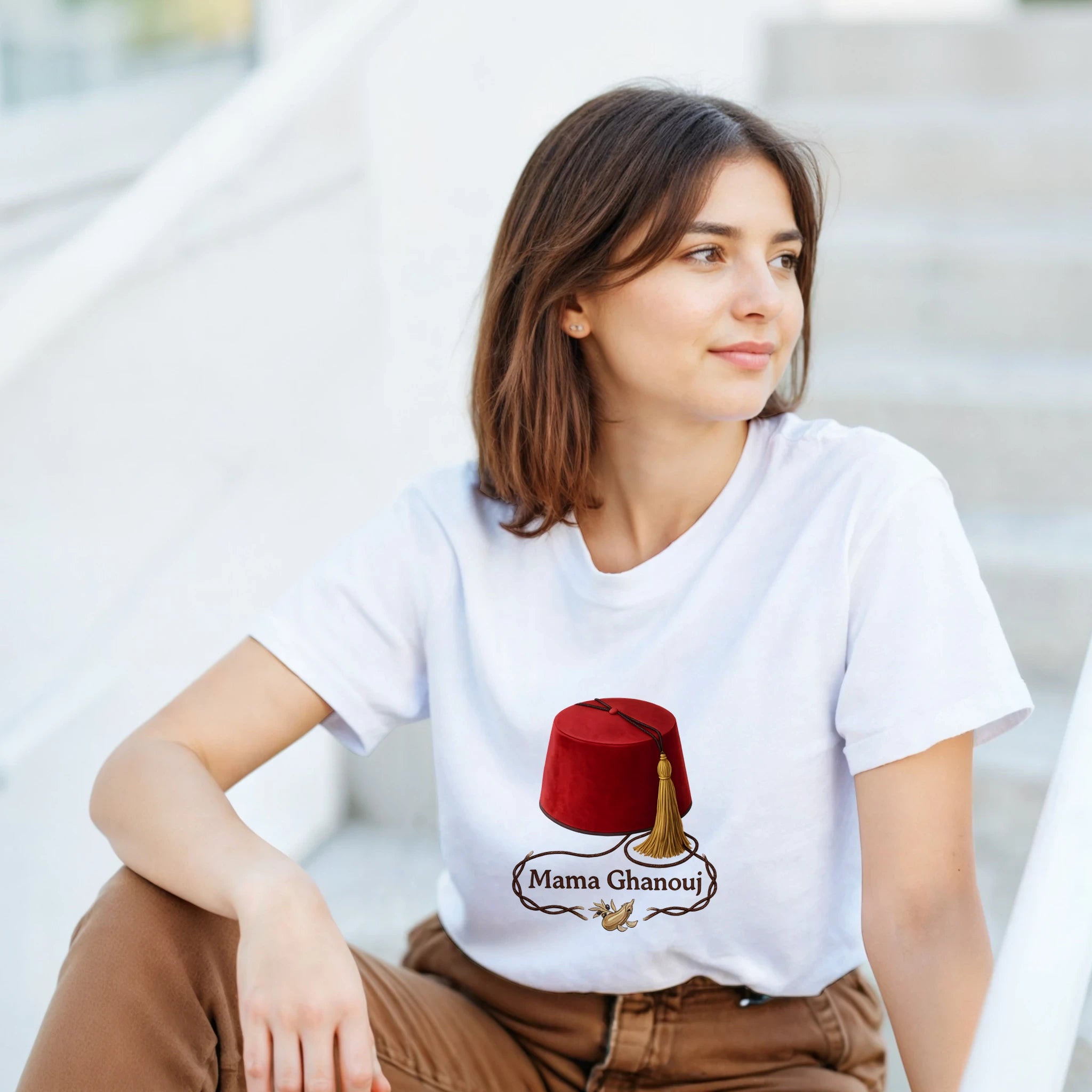 Mama Ghanouj Foodie T-Shirt – Lifestyle Shot – Levantine Dip Design | Qutn Club